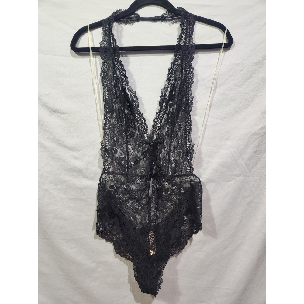 NWT Victoria's Secret Black Lace‎ Halter Bodysuit Lingerie Large